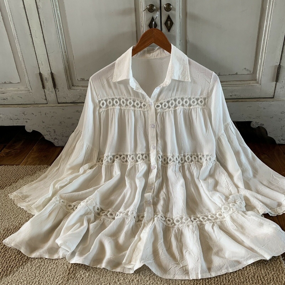 Bohemian White Cotton Button Up Tunic  Top Blouse - Picture 4 of 7